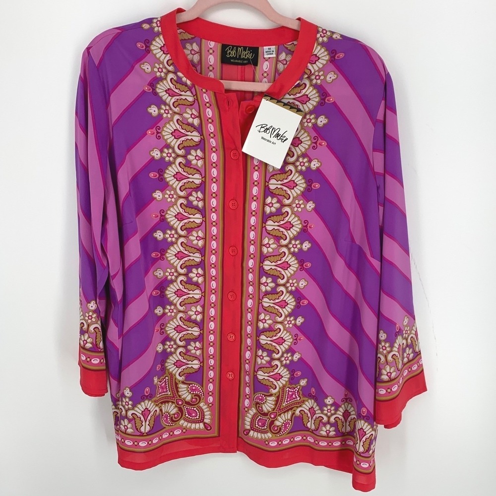 Bob Mackie Wearable Art Floral Border Print Jacket Top 1X NWT Colorful